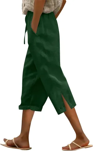 Drawstring Womens Linen Pants with Pockets Cotton Linen Palazzo Trousers for Women Ladies Wide Leg Beach Loose Pants