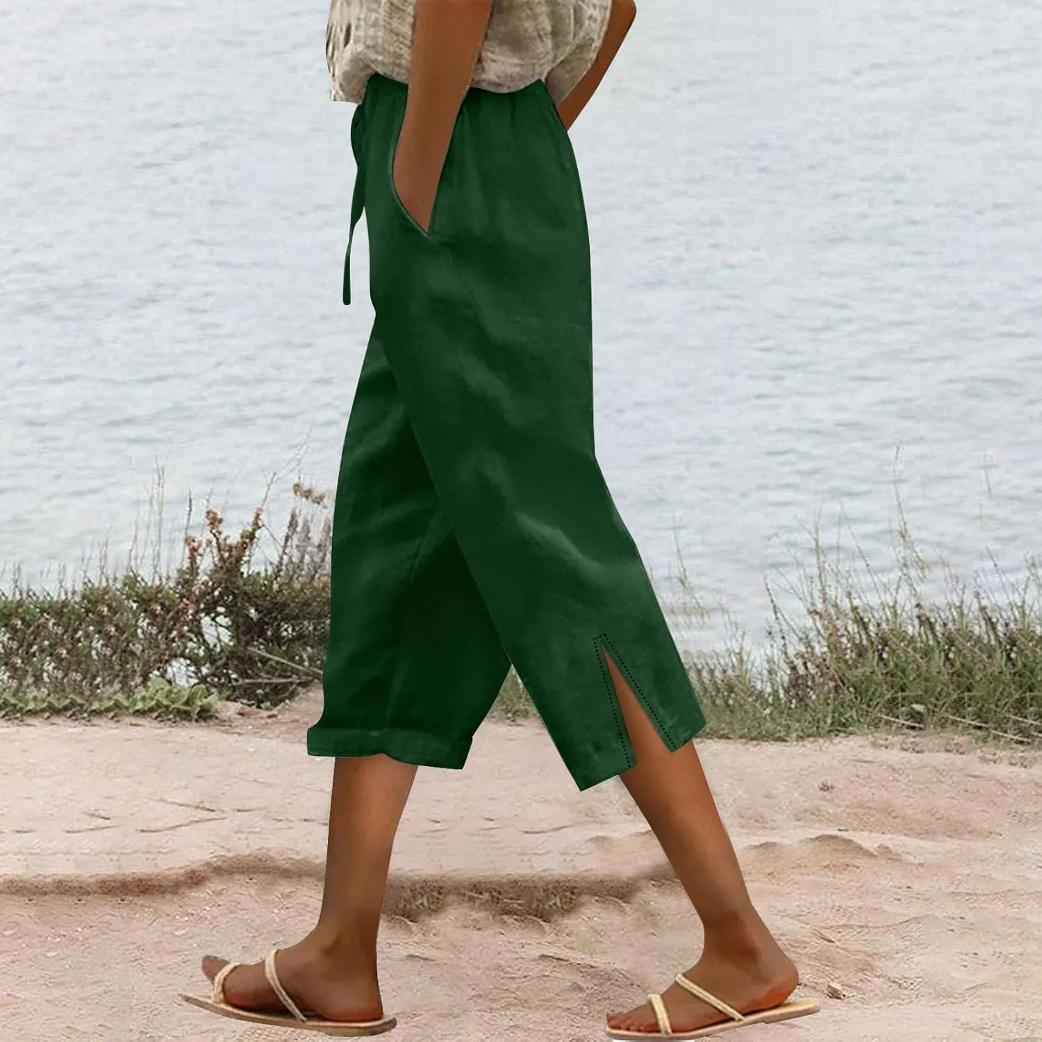Drawstring Womens Linen Pants with Pockets Cotton Linen Palazzo Trousers for Women Ladies Wide Leg Beach Loose Pants