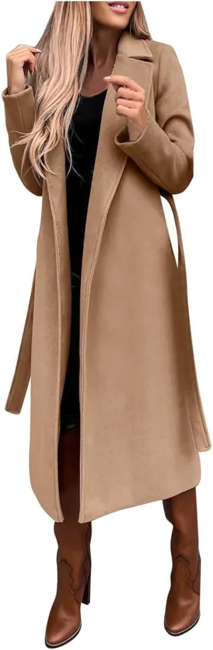 ebossy Women's Faux Wool Open Front Thin Trench Coat Classic Lapel Belted Slim Maxi Long Overcoat