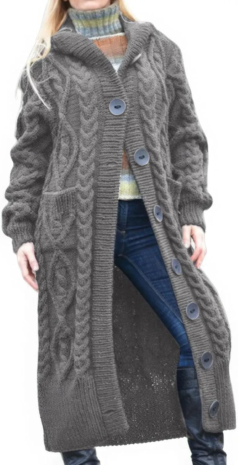 ebossy Women's Long Sleeve Hooded Cardigan Chunky Cable Knit Plus Size Over Knee Duster Coat with Pockets