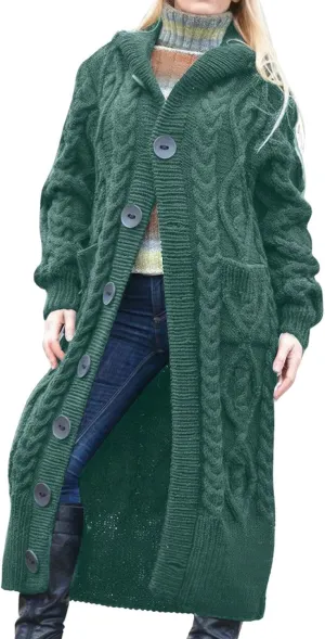 ebossy Women's Long Sleeve Hooded Cardigan Chunky Cable Knit Plus Size Over Knee Duster Coat with Pockets