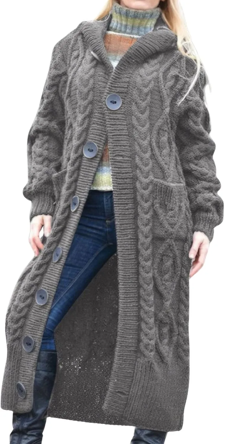 ebossy Women's Long Sleeve Hooded Cardigan Chunky Cable Knit Plus Size Over Knee Duster Coat with Pockets