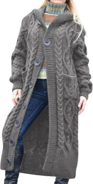 ebossy Women's Long Sleeve Hooded Cardigan Chunky Cable Knit Plus Size Over Knee Duster Coat with Pockets