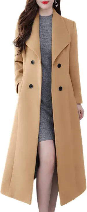 ebossy Women's Shawl Collar Double Breasted Below Knee Slim Wool Trench Long Coat