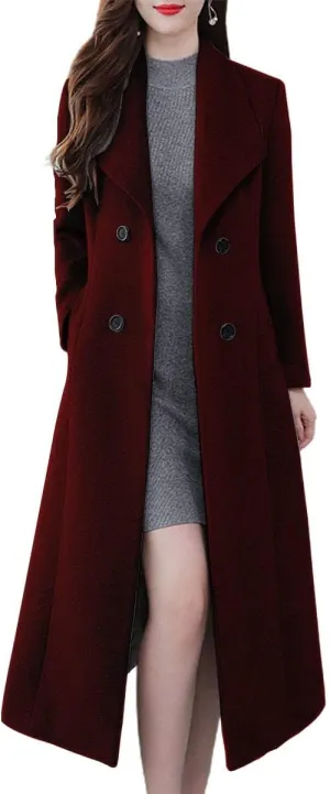 ebossy Women's Shawl Collar Double Breasted Below Knee Slim Wool Trench Long Coat
