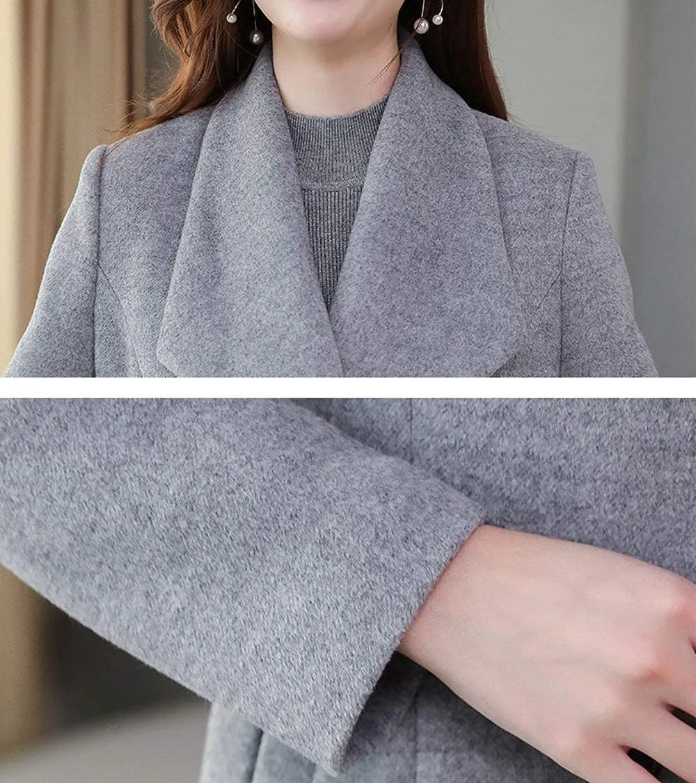 ebossy Women's Shawl Collar Double Breasted Below Knee Slim Wool Trench Long Coat