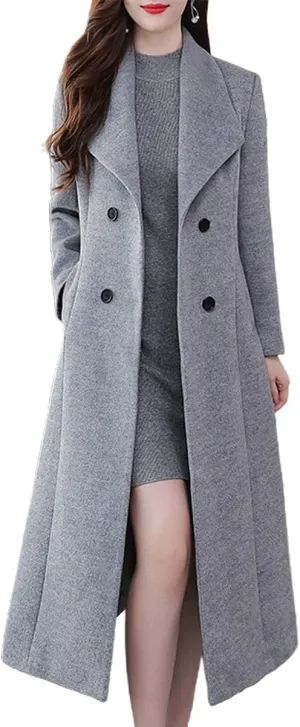ebossy Women's Shawl Collar Double Breasted Below Knee Slim Wool Trench Long Coat
