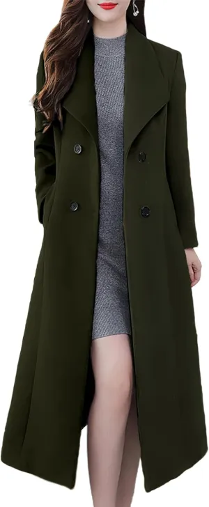 ebossy Women's Shawl Collar Double Breasted Below Knee Slim Wool Trench Long Coat