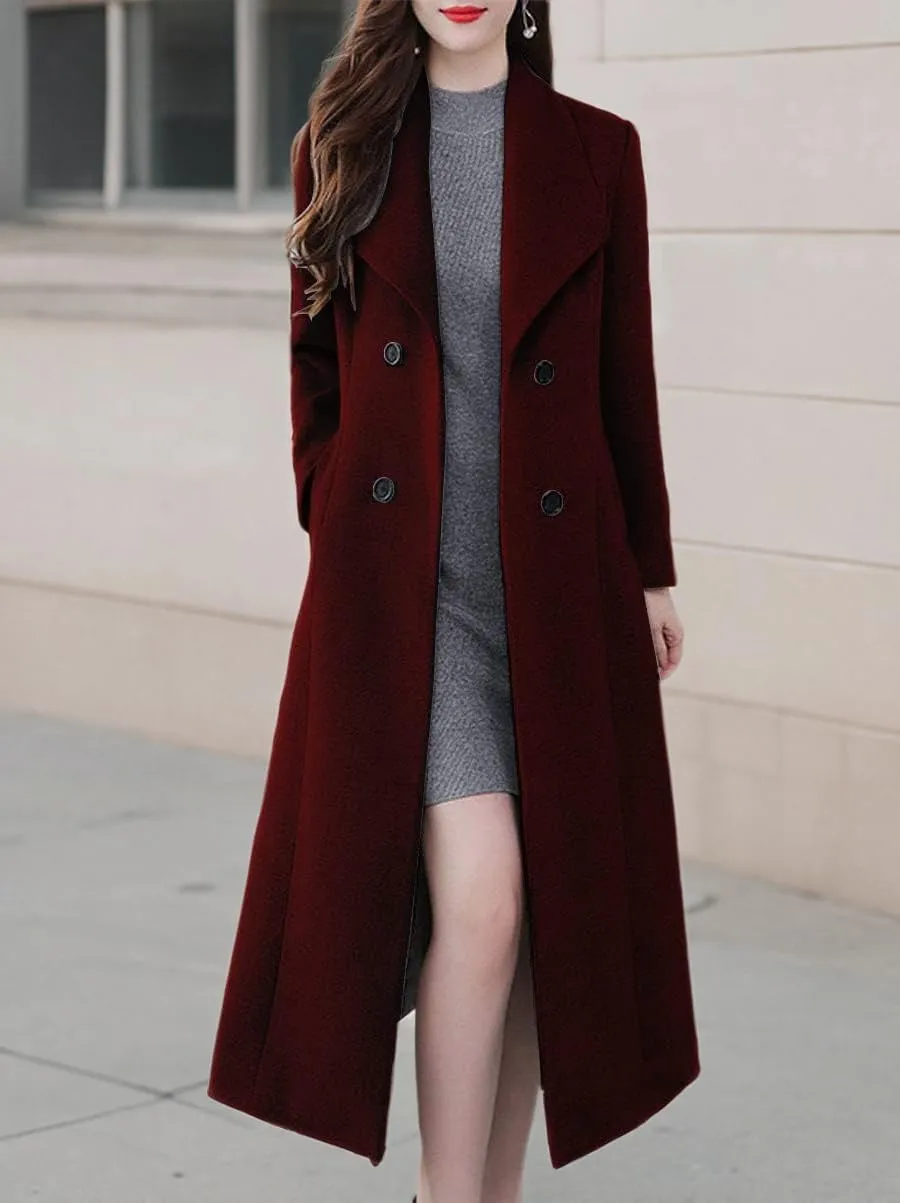 ebossy Women's Shawl Collar Double Breasted Below Knee Slim Wool Trench Long Coat