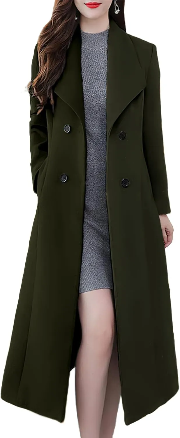 ebossy Women's Shawl Collar Double Breasted Below Knee Slim Wool Trench Long Coat
