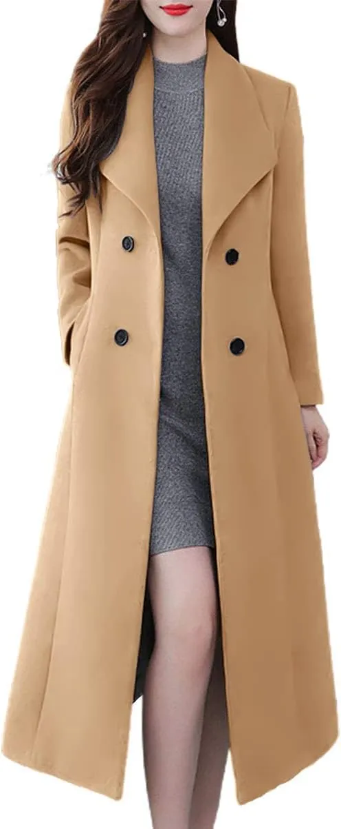 ebossy Women's Shawl Collar Double Breasted Below Knee Slim Wool Trench Long Coat