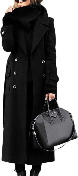 ebossy Womens Winter Double Breasted Wool Coat Elegant Notched Lapel Belted Maxi Long Pea Trench Coat