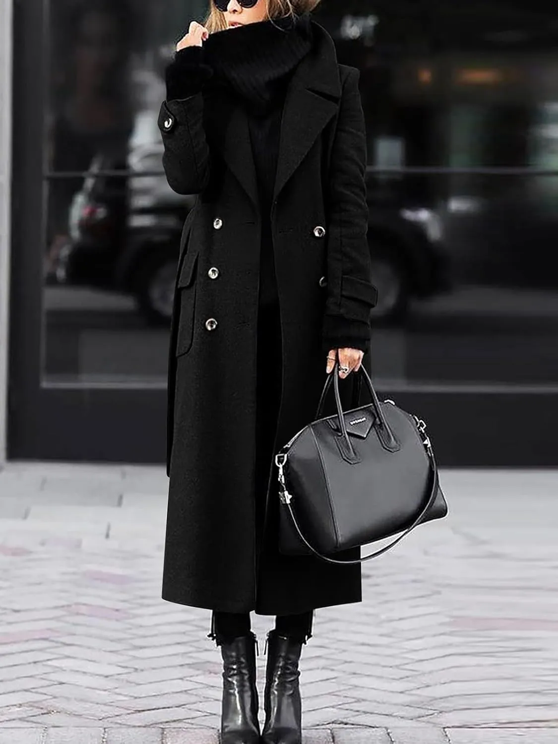 ebossy Womens Winter Double Breasted Wool Coat Elegant Notched Lapel Belted Maxi Long Pea Trench Coat