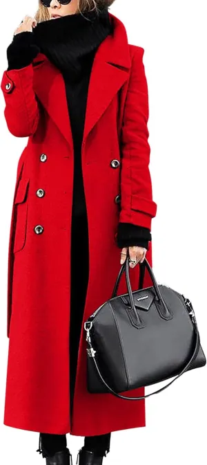 ebossy Womens Winter Double Breasted Wool Coat Elegant Notched Lapel Belted Maxi Long Pea Trench Coat