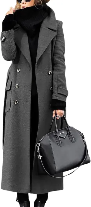 ebossy Womens Winter Double Breasted Wool Coat Elegant Notched Lapel Belted Maxi Long Pea Trench Coat