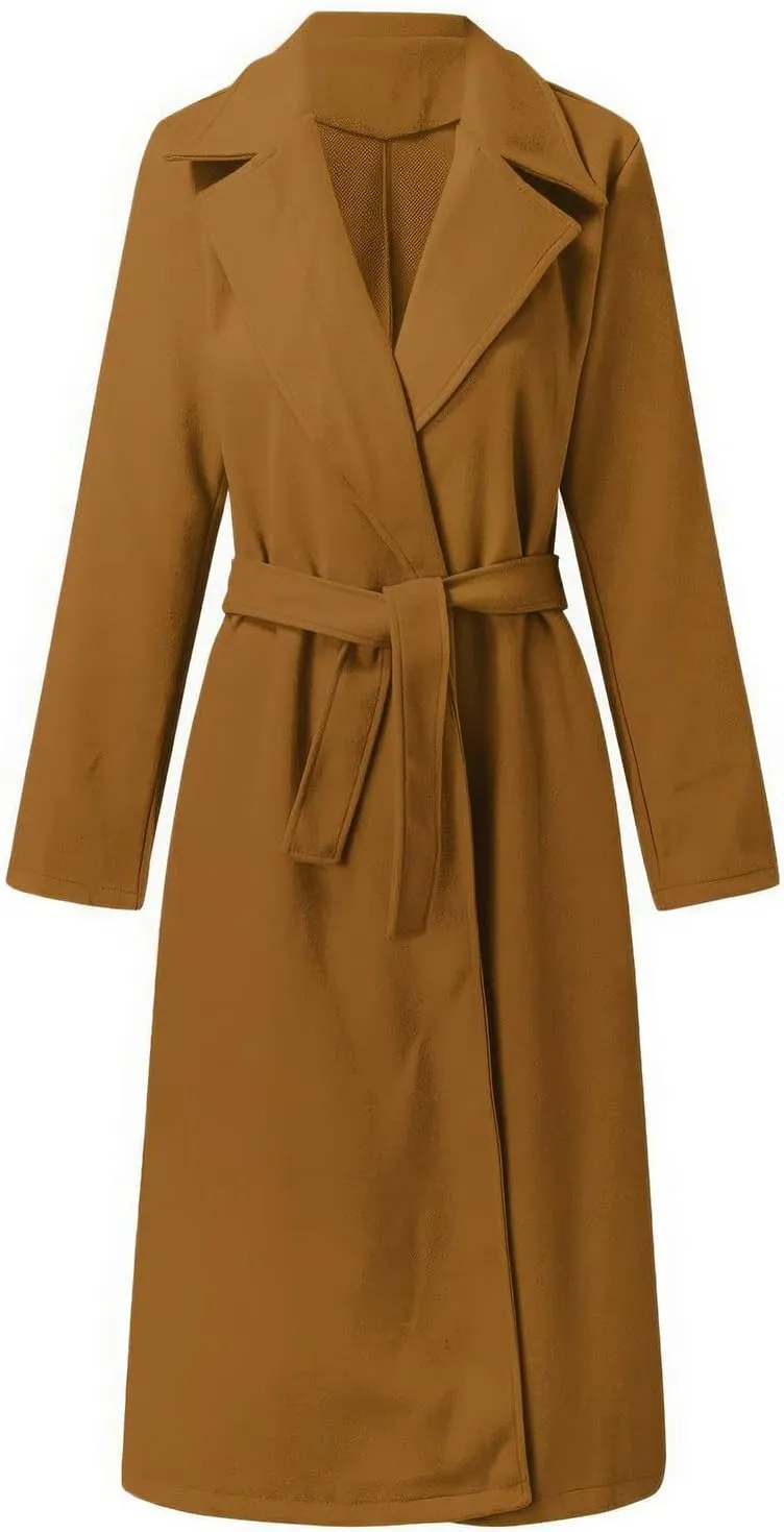 ebossy Women's Woolen Pea Coat Notch Lapel Open Front Slim Fit Wool Blend Long Trench Coat Maxi Overcoat with Belt