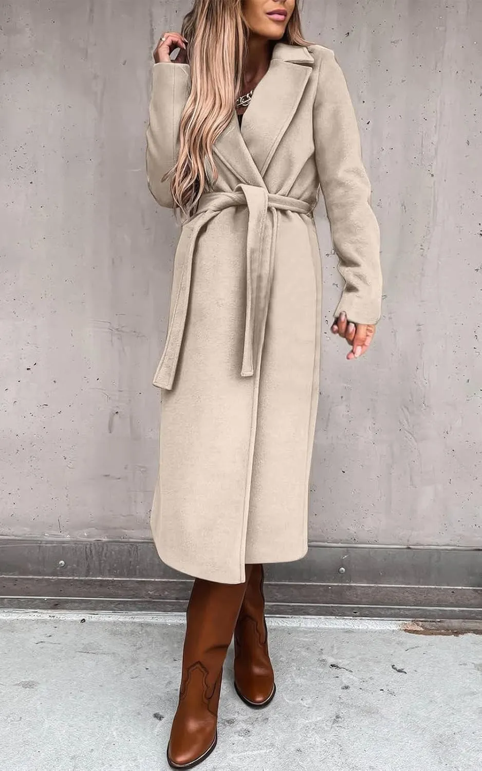 ebossy Women's Woolen Pea Coat Notch Lapel Open Front Slim Fit Wool Blend Long Trench Coat Maxi Overcoat with Belt