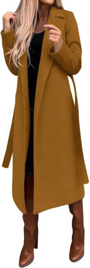 ebossy Women's Woolen Pea Coat Notch Lapel Open Front Slim Fit Wool Blend Long Trench Coat Maxi Overcoat with Belt