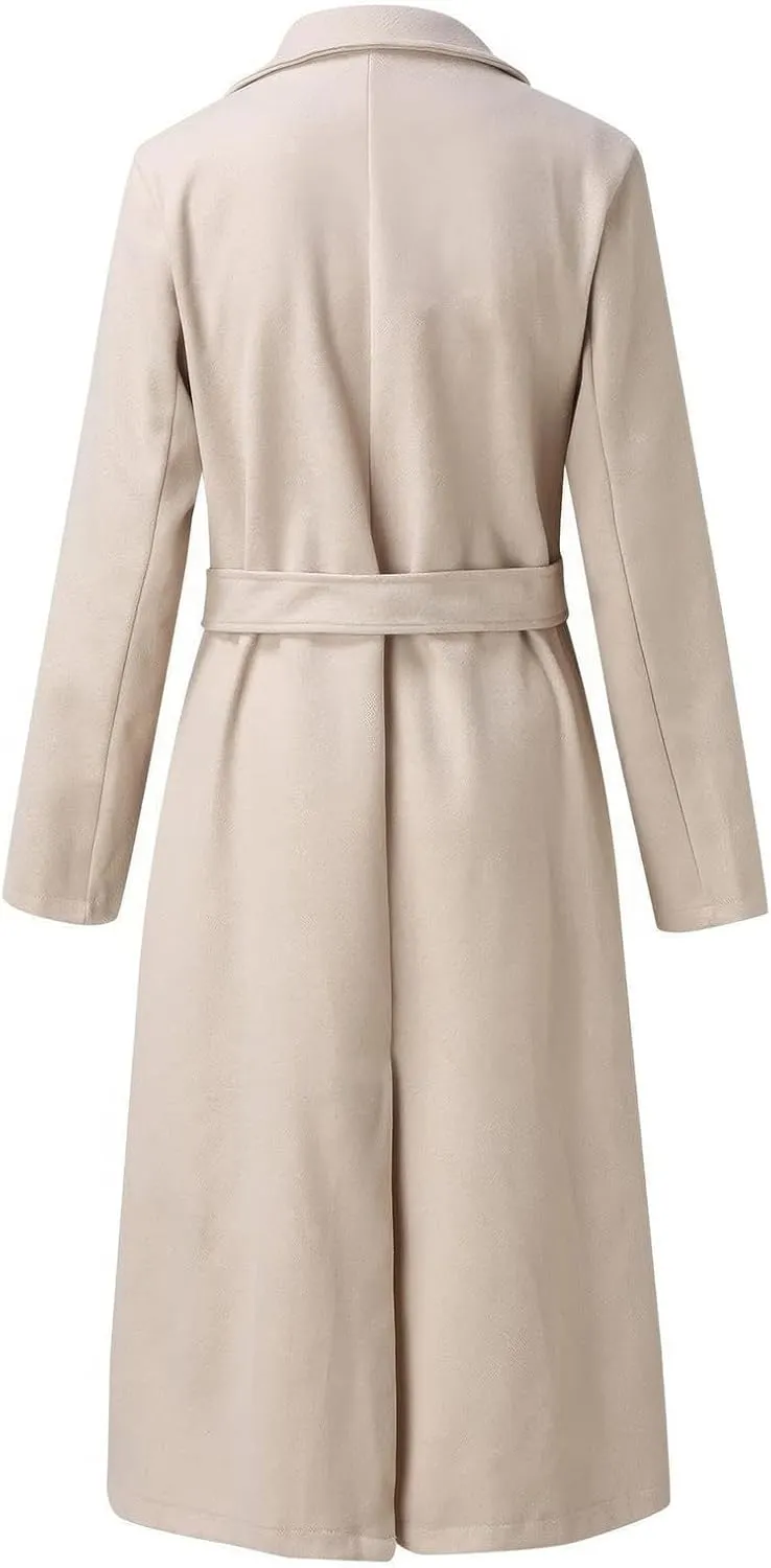 ebossy Women's Woolen Pea Coat Notch Lapel Open Front Slim Fit Wool Blend Long Trench Coat Maxi Overcoat with Belt