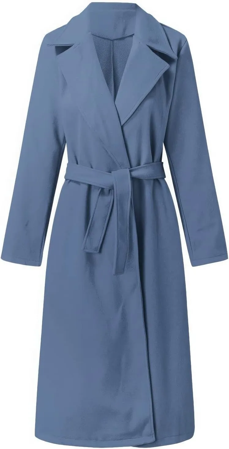 ebossy Women's Woolen Pea Coat Notch Lapel Open Front Slim Fit Wool Blend Long Trench Coat Maxi Overcoat with Belt