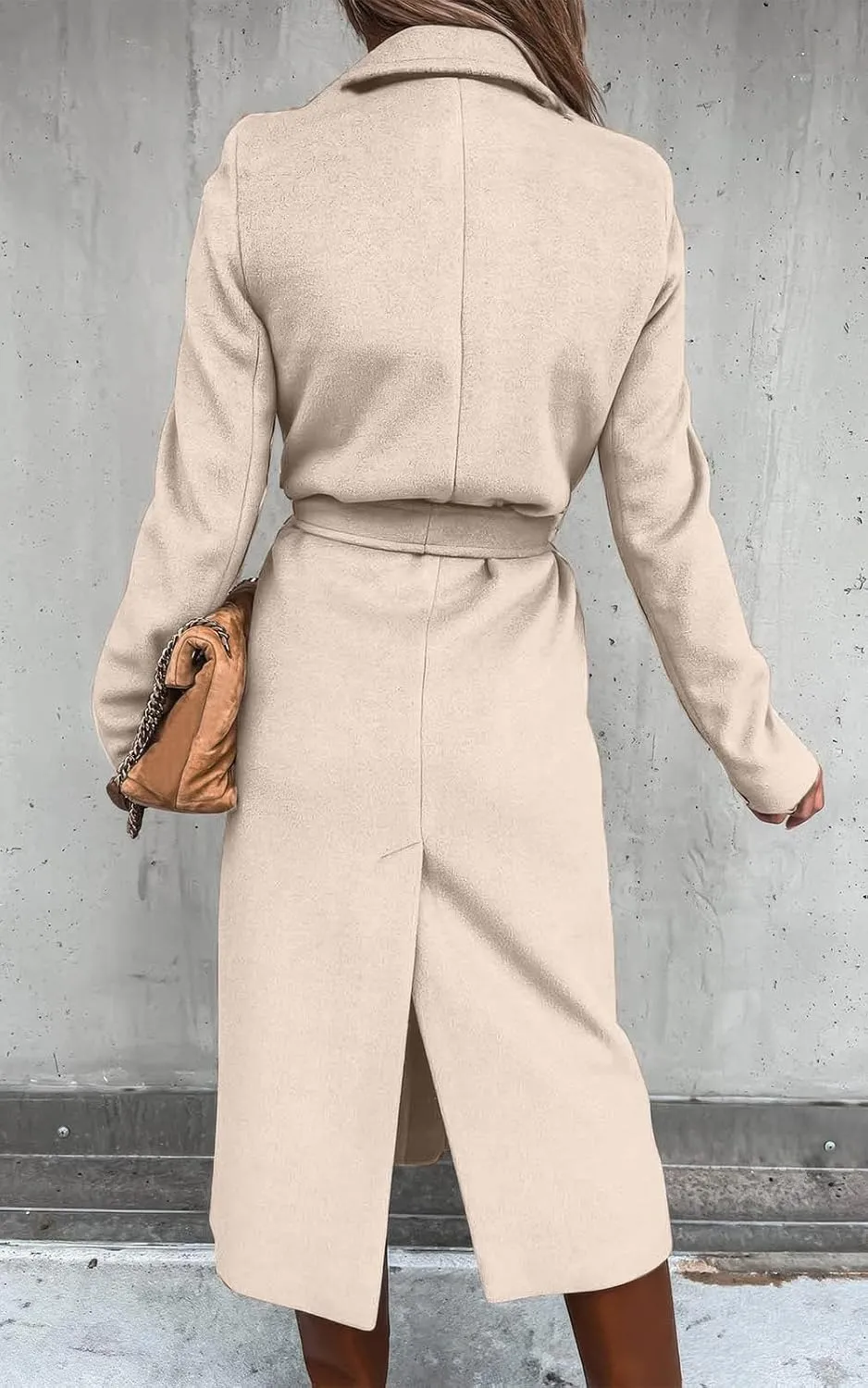 ebossy Women's Woolen Pea Coat Notch Lapel Open Front Slim Fit Wool Blend Long Trench Coat Maxi Overcoat with Belt