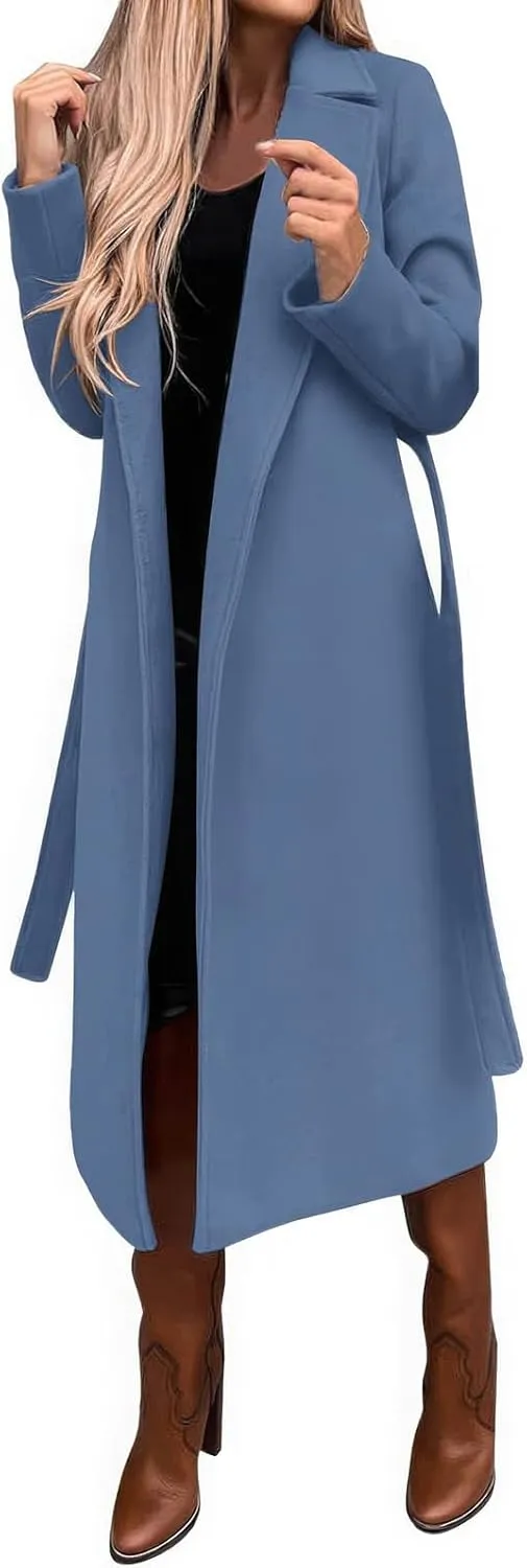 ebossy Women's Woolen Pea Coat Notch Lapel Open Front Slim Fit Wool Blend Long Trench Coat Maxi Overcoat with Belt