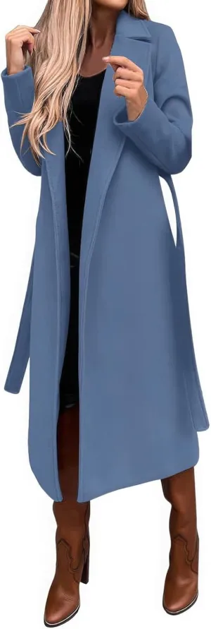 ebossy Women's Woolen Pea Coat Notch Lapel Open Front Slim Fit Wool Blend Long Trench Coat Maxi Overcoat with Belt