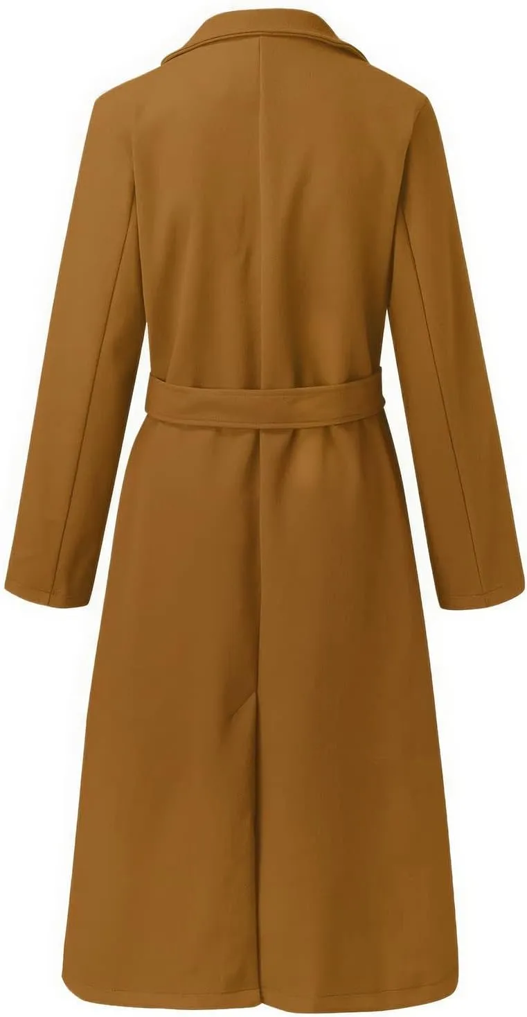ebossy Women's Woolen Pea Coat Notch Lapel Open Front Slim Fit Wool Blend Long Trench Coat Maxi Overcoat with Belt