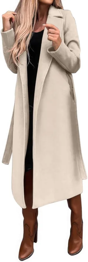 ebossy Women's Woolen Pea Coat Notch Lapel Open Front Slim Fit Wool Blend Long Trench Coat Maxi Overcoat with Belt