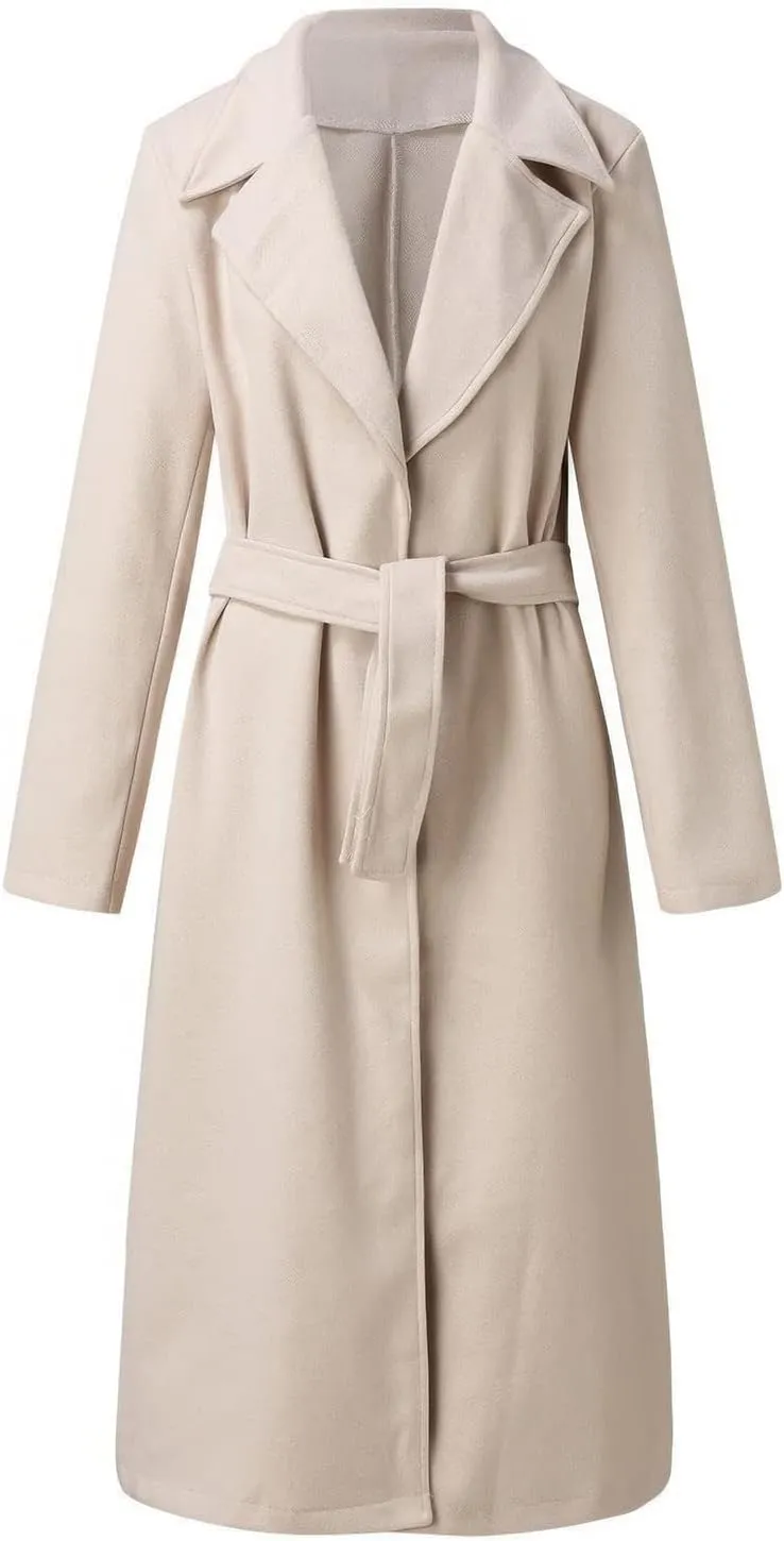 ebossy Women's Woolen Pea Coat Notch Lapel Open Front Slim Fit Wool Blend Long Trench Coat Maxi Overcoat with Belt