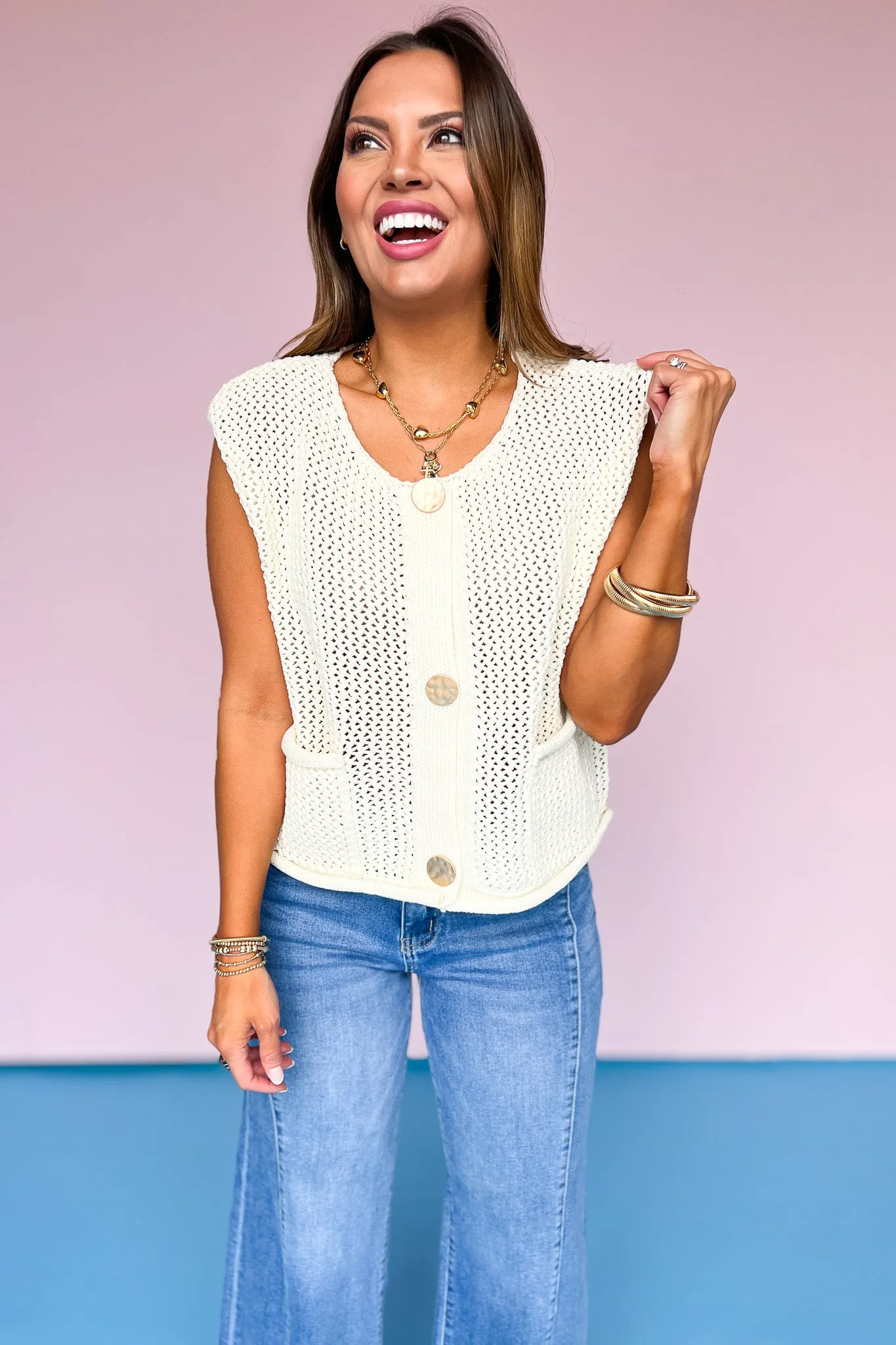 Ecru Sweater Knit Sleeveless Button Accent Top