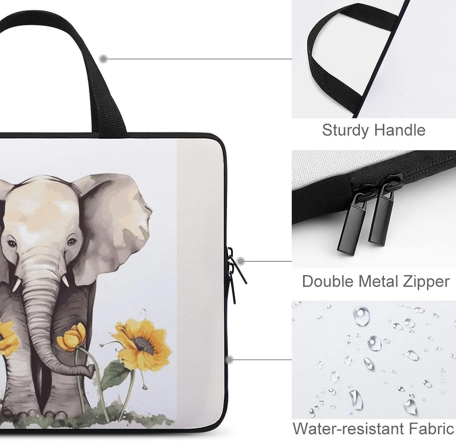 Elephant And Sunflower Laptop Bag Durable Laptop Sleeve Water-Resistant Notebook Bag for Computer Or Tablet