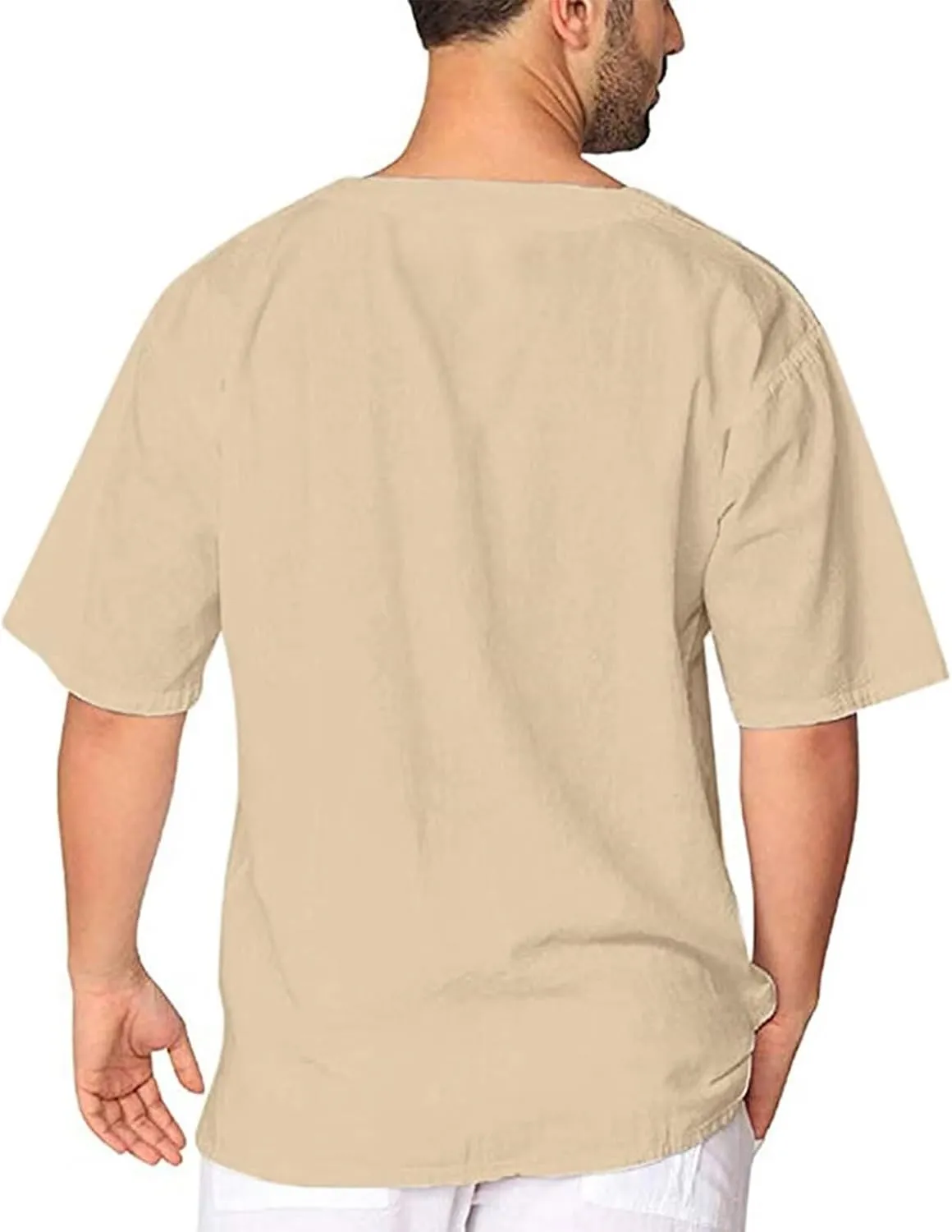 elselect Mens Cotton Linen Shirts Lace Up Short Sleeve T Shirts Casual Beach Hippie Renaissance Shirt V Neck Yoga Tops