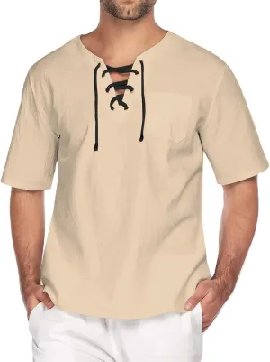 elselect Mens Cotton Linen Shirts Lace Up Short Sleeve T Shirts Casual Beach Hippie Renaissance Shirt V Neck Yoga Tops