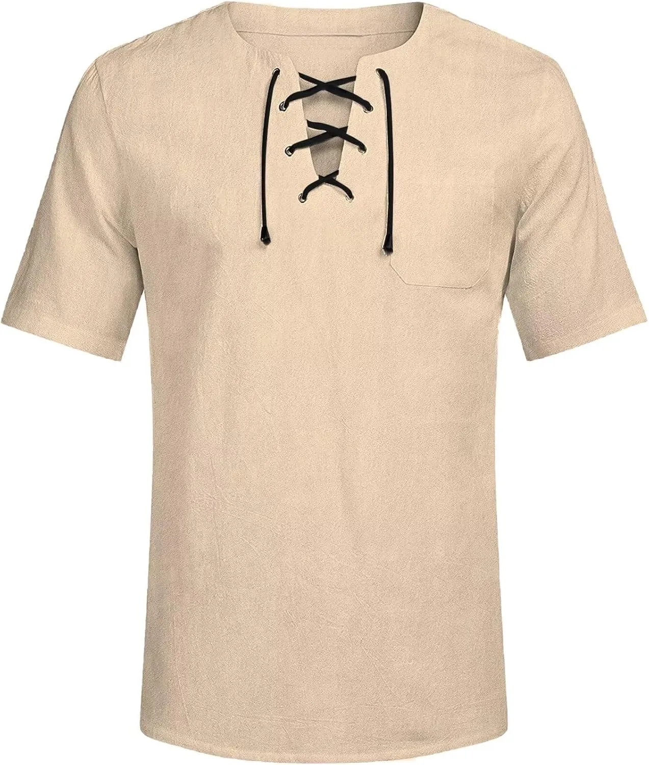 elselect Mens Cotton Linen Shirts Lace Up Short Sleeve T Shirts Casual Beach Hippie Renaissance Shirt V Neck Yoga Tops