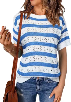 EVALESS Womens Short Sleeve Sweater Casual Crewneck Knit Shirt Tops Spring Trendy Striped Color Block Crochet Sweaters