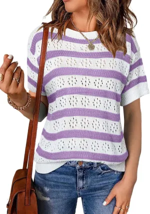 EVALESS Womens Short Sleeve Sweater Casual Crewneck Knit Shirt Tops Spring Trendy Striped Color Block Crochet Sweaters