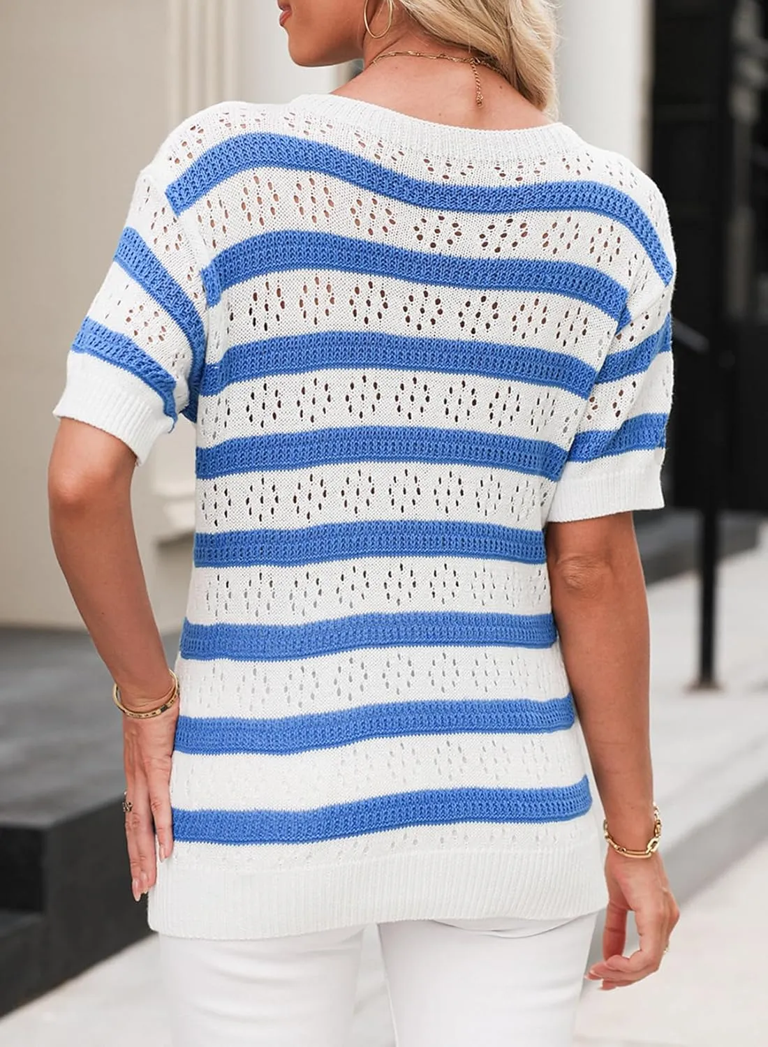 EVALESS Womens Short Sleeve Sweater Casual Crewneck Knit Shirt Tops Spring Trendy Striped Color Block Crochet Sweaters