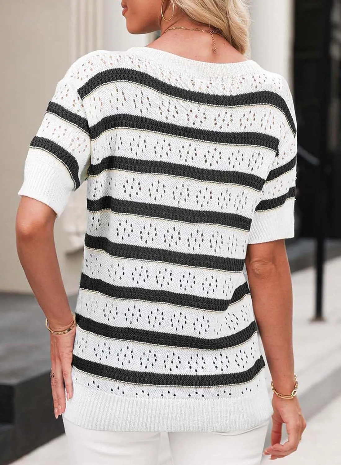 EVALESS Womens Short Sleeve Sweater Casual Crewneck Knit Shirt Tops Spring Trendy Striped Color Block Crochet Sweaters