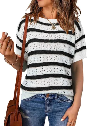 EVALESS Womens Short Sleeve Sweater Casual Crewneck Knit Shirt Tops Spring Trendy Striped Color Block Crochet Sweaters