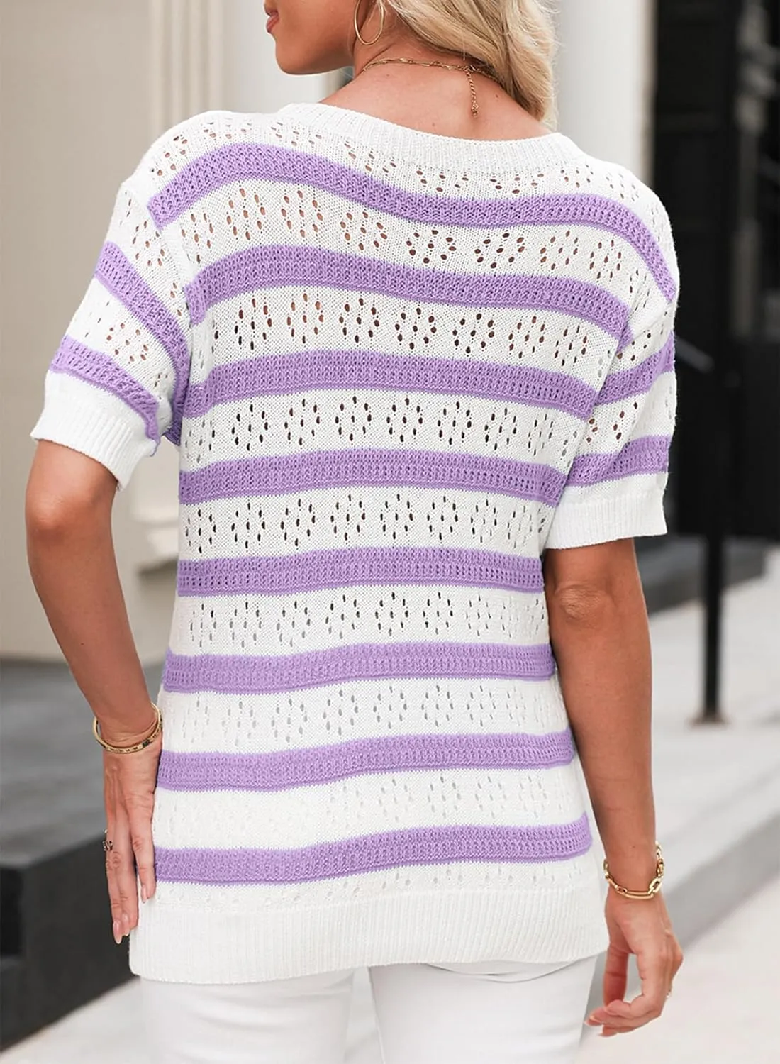 EVALESS Womens Short Sleeve Sweater Casual Crewneck Knit Shirt Tops Spring Trendy Striped Color Block Crochet Sweaters