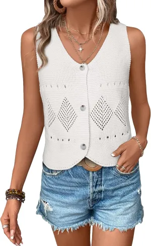 EvoStyle Women's Crochet Sweaters Vest with V Neck Boho Knit Sleeveless Cute Crop Tops for 2025