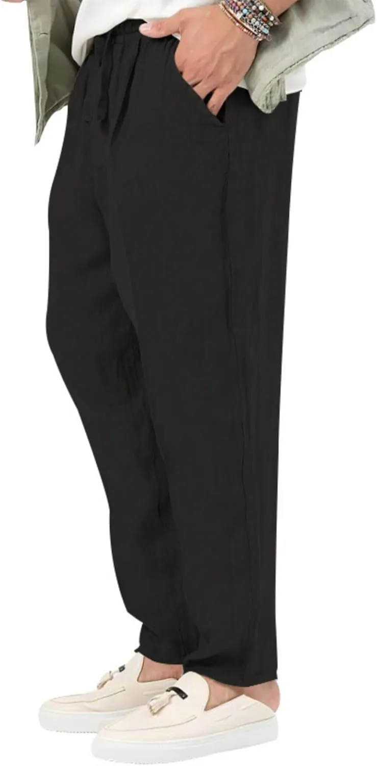 evzosrz Mens Casual Linen Cotton Pants Jogging Lightweight Elastic Waist Drawstring Trousers Yoga Beach Sweatpants Pockets