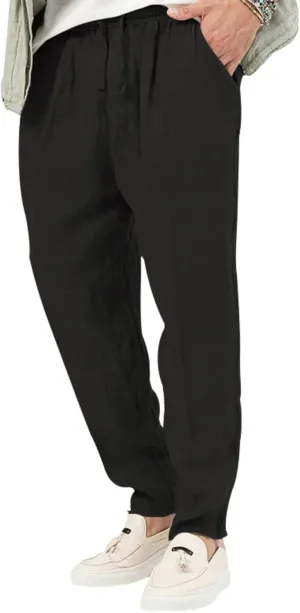 evzosrz Mens Casual Linen Cotton Pants Jogging Lightweight Elastic Waist Drawstring Trousers Yoga Beach Sweatpants Pockets