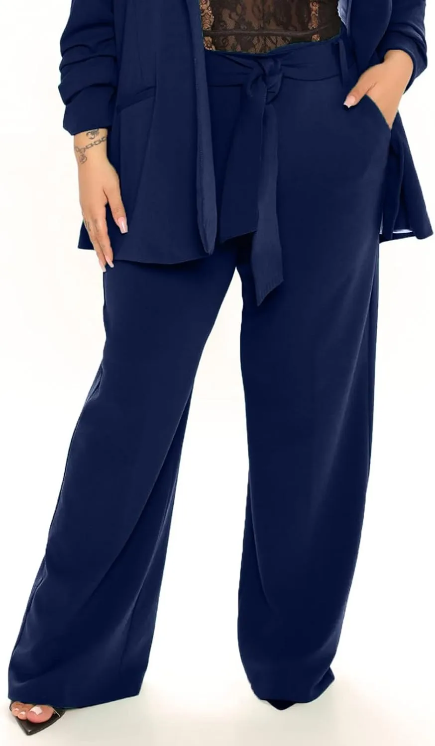 Eytino Womens Plus Size Stretch Dress Pants Comfy Wide Leg Belted Lounge Pants for Office, 1X-5X
