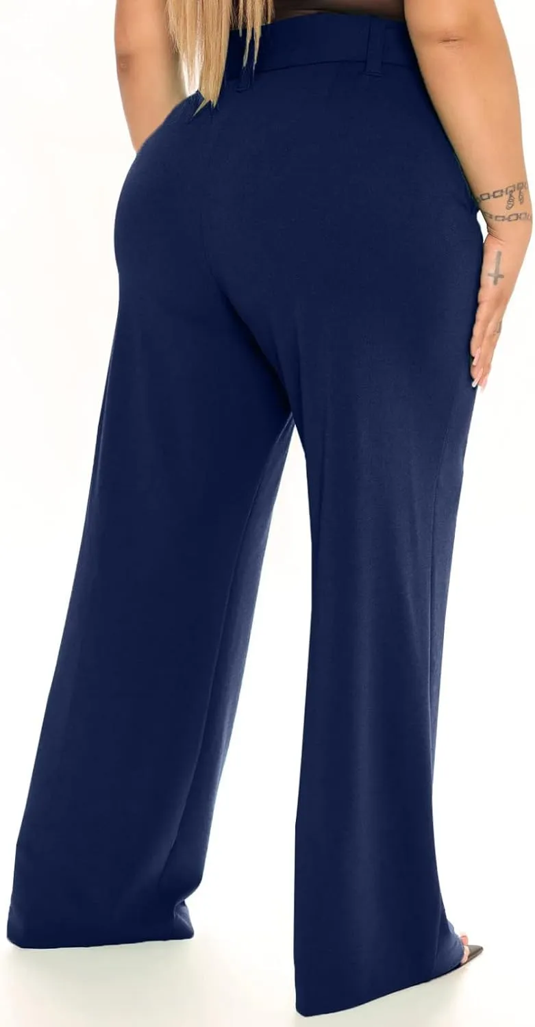Eytino Womens Plus Size Stretch Dress Pants Comfy Wide Leg Belted Lounge Pants for Office, 1X-5X
