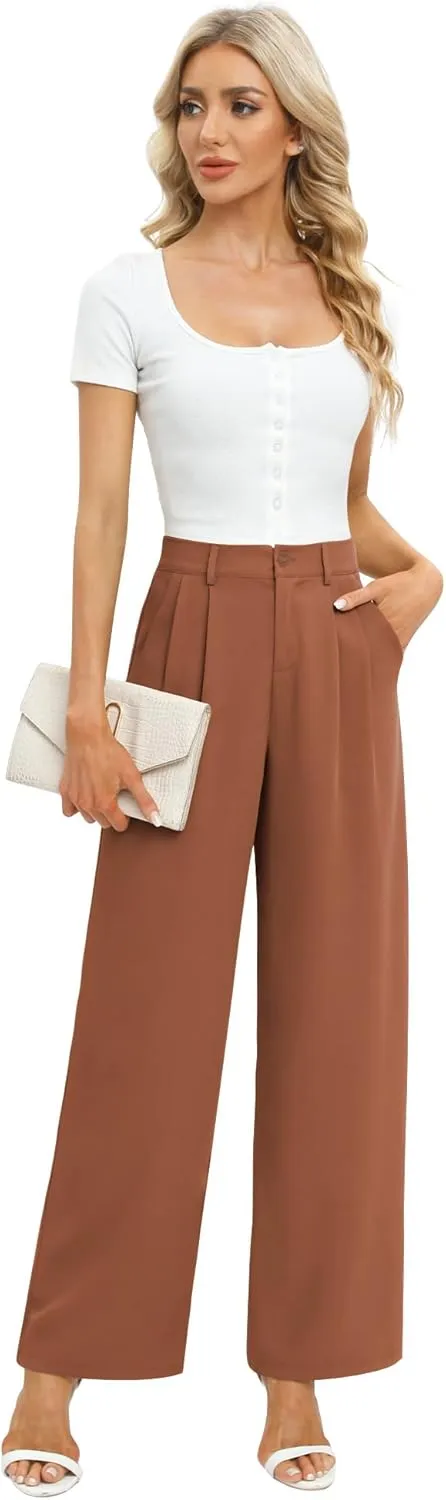 Feiersi Women's Business Work Trousers High Waisted Wide Leg Pants Long Straight Suit Pants with Pocket