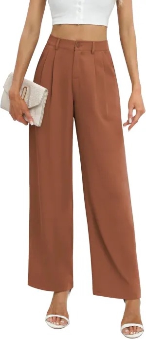 Feiersi Women's Business Work Trousers High Waisted Wide Leg Pants Long Straight Suit Pants with Pocket
