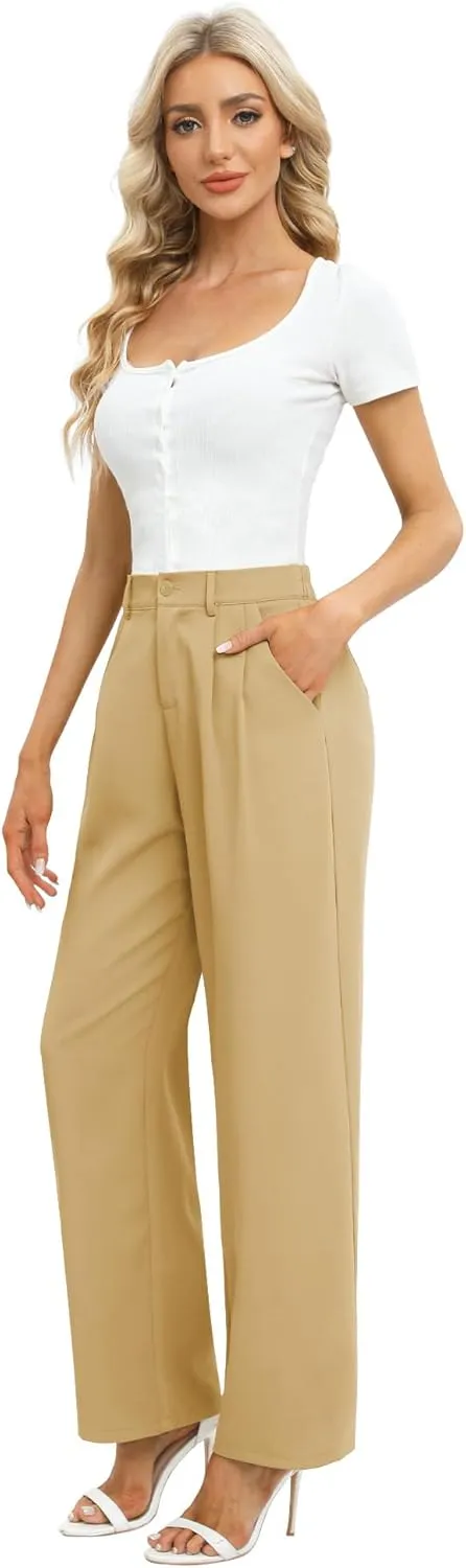 Feiersi Women's Business Work Trousers High Waisted Wide Leg Pants Long Straight Suit Pants with Pocket