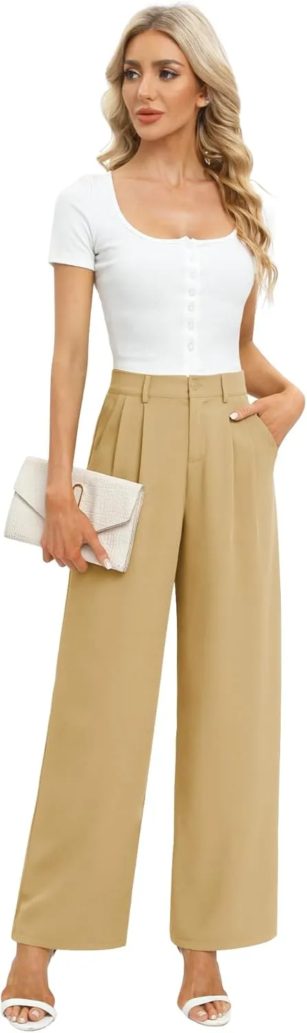 Feiersi Women's Business Work Trousers High Waisted Wide Leg Pants Long Straight Suit Pants with Pocket